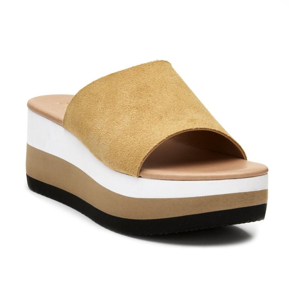 Coconuts by Matisse Mustard Suede Platform Slide with White & Black Stripes